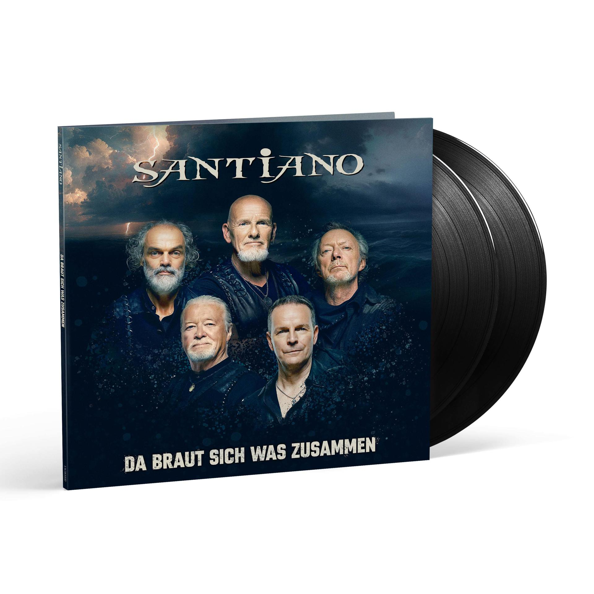 Albumcover. Fünf Männer, stürmischer Hintergrund. Schallplatten rechts. Titel: Santiano, Da Braut Sich Was Zusammen.