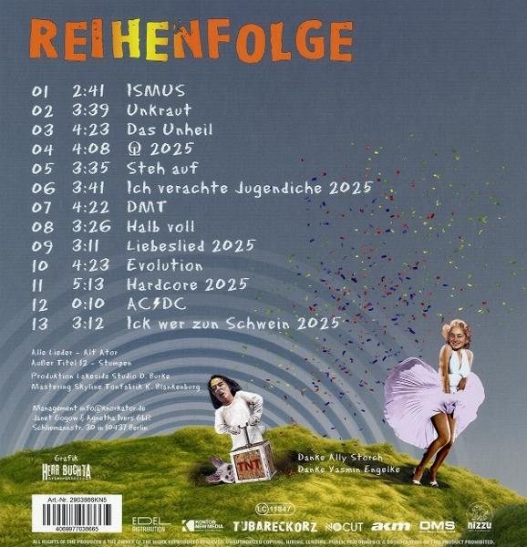 Albumcover mit Titelliste. Enthält einen Mann mit einer TNT-Box und eine Frau in einem Marilyn-Monroe-Kleid auf einem Hügel.