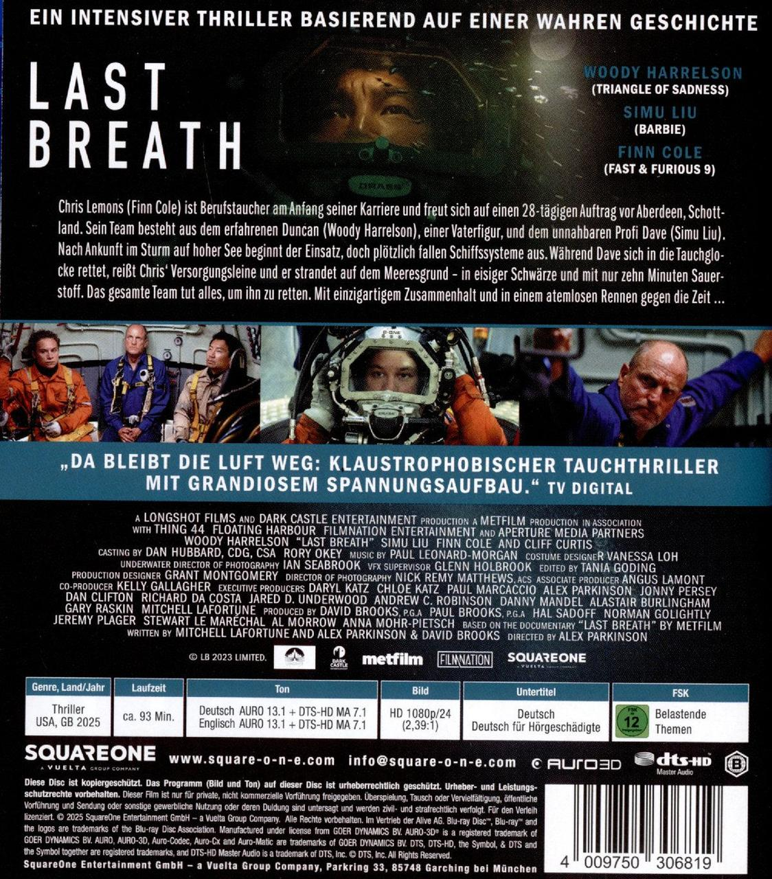 Filmposter mit dem Titel 'Last Breath' mit Woody Harrelson, Simu Liu und Finn Cole. Unterwasserszene mit Tauchern.