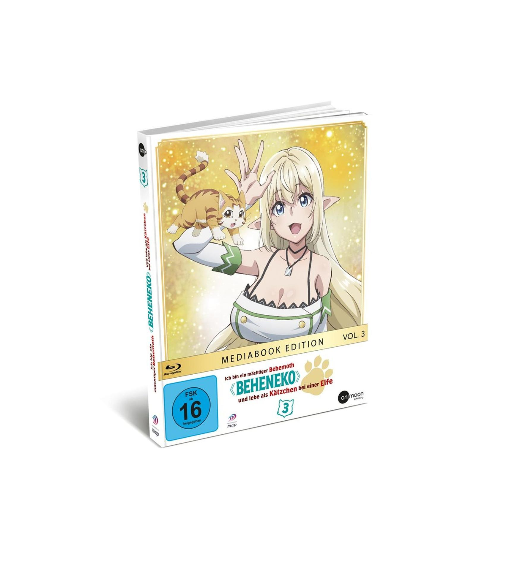 Anime Blu-ray. Blonde Elfenmädchen mit Katze, auf einer Box. Text: Beheneko.