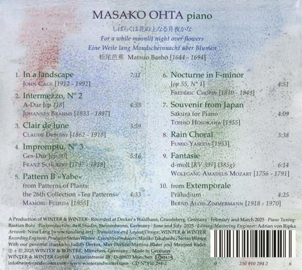 CD-Cover mit Titelliste von Masako Ohtas Klaviermusik, mit japanischem Text und Komponistennamen.