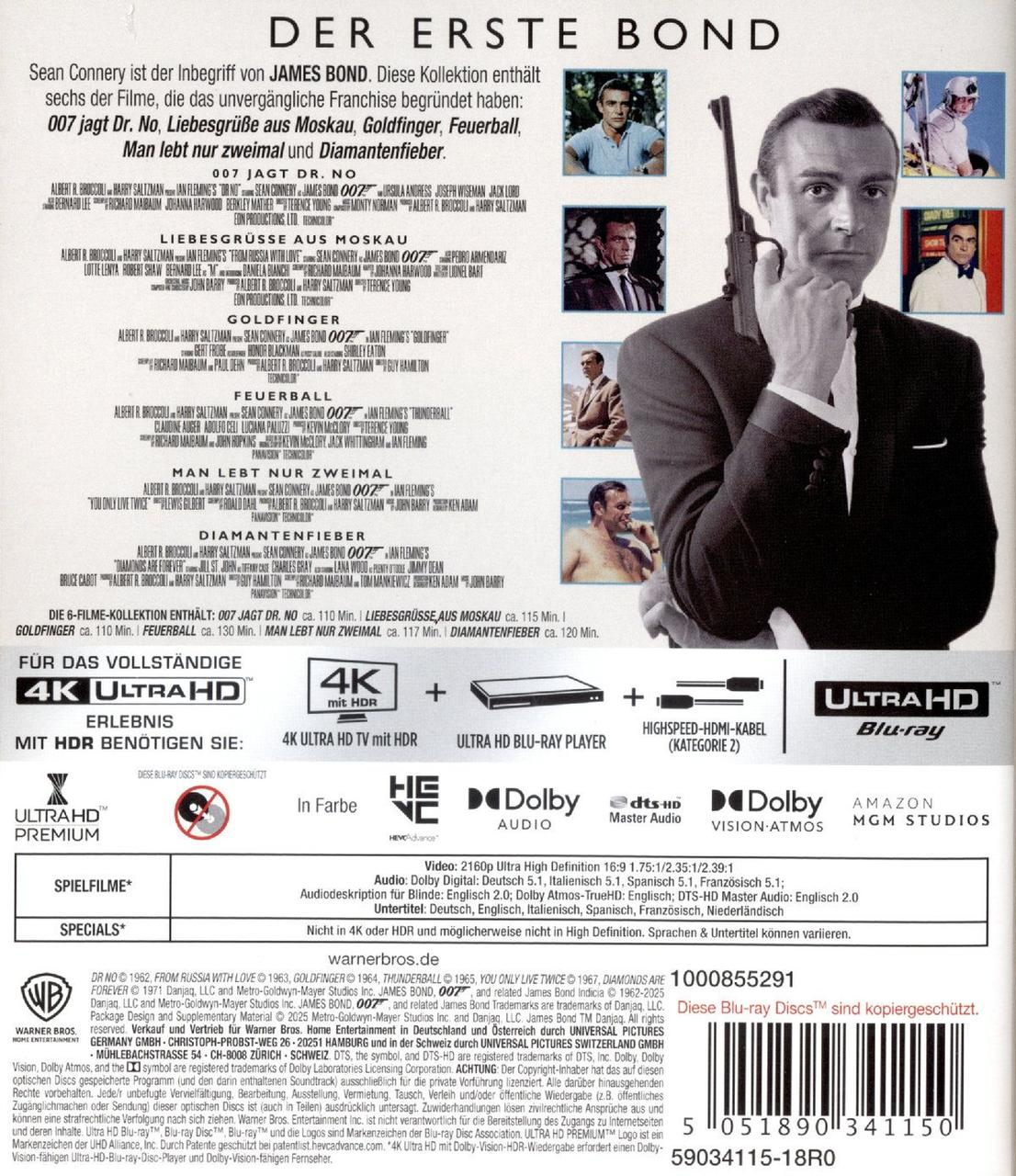 Sean Connery James Bond Collection Blu-ray Hülle mit Filmtiteln, Schauspielern und Dolby Atmos Logos.