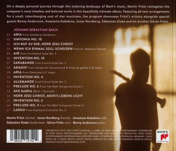 Albumcover mit Text, der Bach-Kompositionen auflistet, Silhouette einer Person, die ein Instrument hält. Sony Classical Logo.