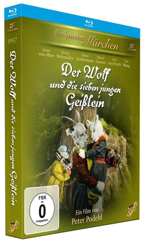 Blu-ray-Cover für "Der Wolf und die sieben jungen Geißlein". Charaktere mit Tierköpfen in Kostümen vor grünem Hintergrund.