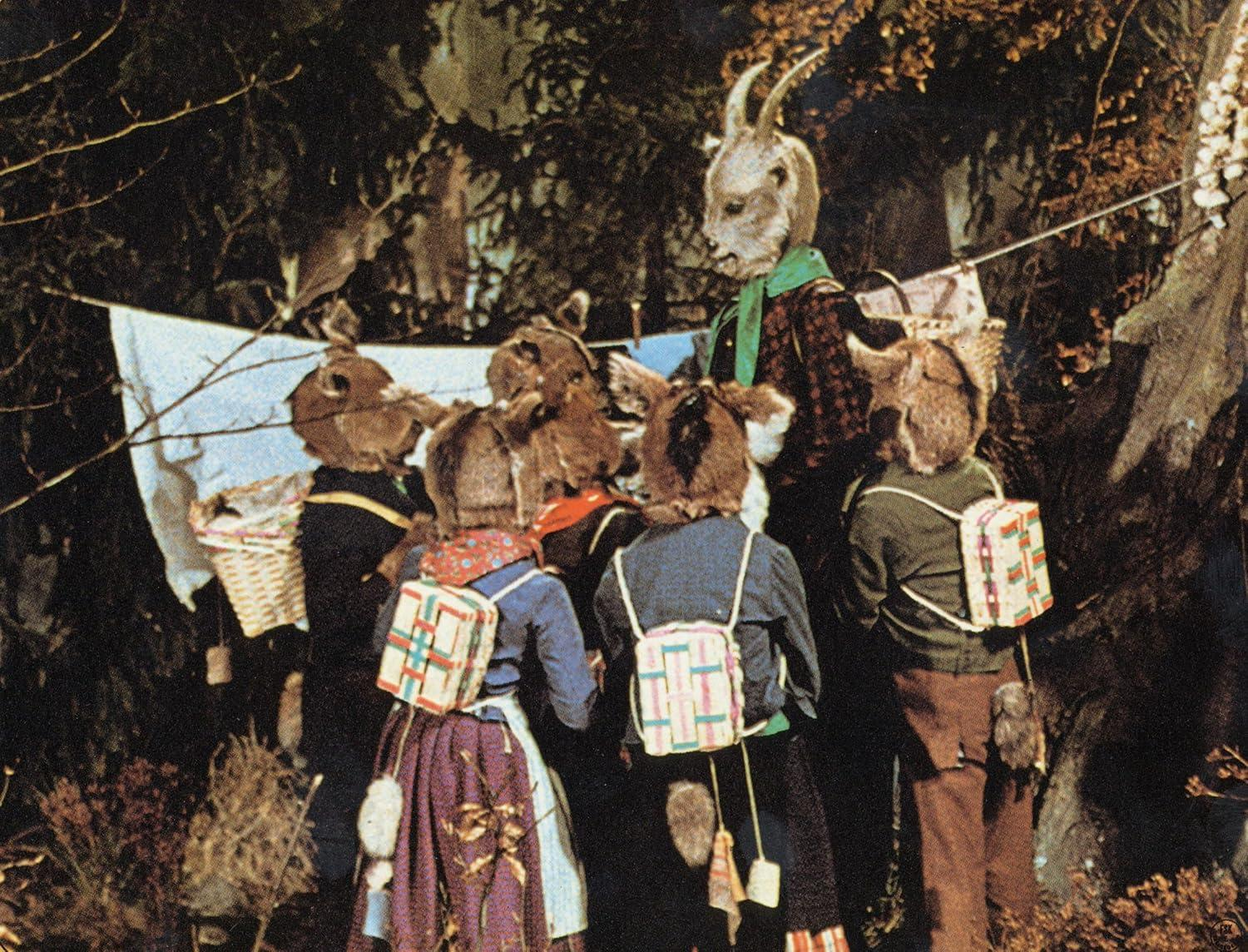 Eine Gruppe kostümierter Figuren mit Tiermasken und Rucksäcken steht in einer Waldumgebung. Eine große Ziegenmaske ist sichtbar.
