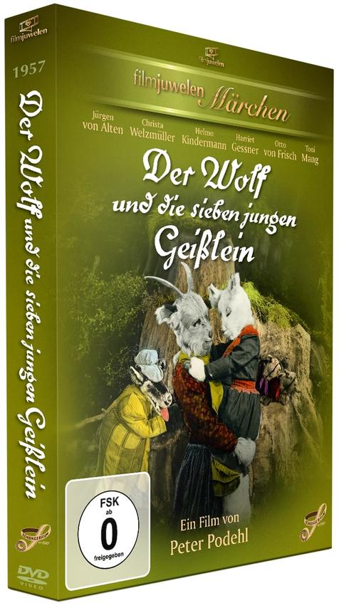 DVD-Hülle für "Der Wolf und die sieben jungen Geißlein". Zeigt Wolf und Ziegen in Kostümen. Grüner Hintergrund mit Text.