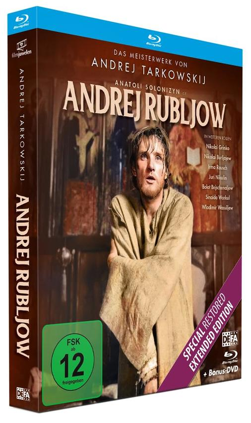 Blu-ray Hülle von "Andrej Rubljow" mit Mann in Gewand, FSK 12 Siegel.