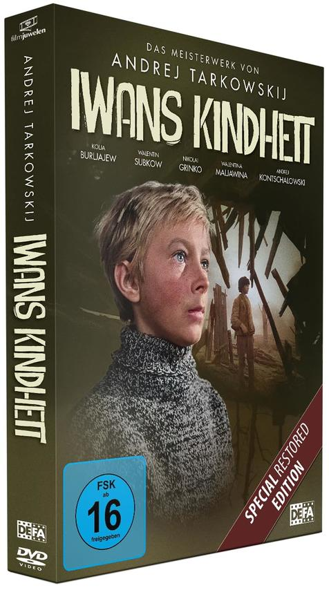 DVD-Cover von „Iwan's Kindheit“. Ein Junge blickt nach oben; im Hintergrund ist ein Mann zu sehen. Text enthält den Namen des Regisseurs.