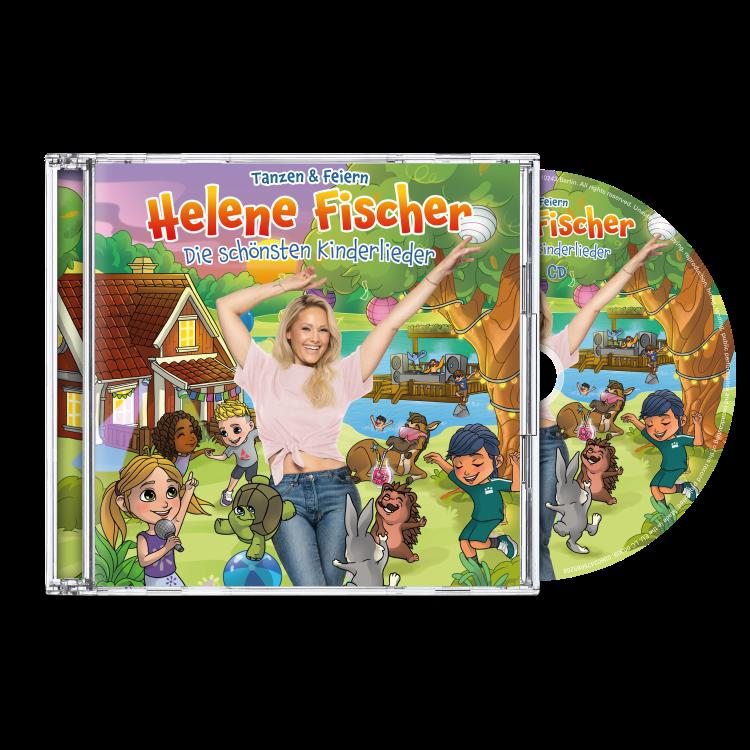 CD-Cover mit Helene Fischer, Titel 'Die schönsten Kinderlieder'. Cartoon-Kinder und -Tiere umgeben Fischer mit erhobenen Armen.