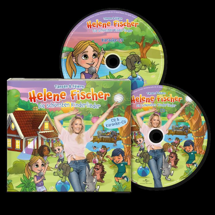 CD und Cover mit Helene Fischer, Cartoon-Figuren und Text. CD und Cover in Grün und Rosa, das Cover zeigt ein Haus.