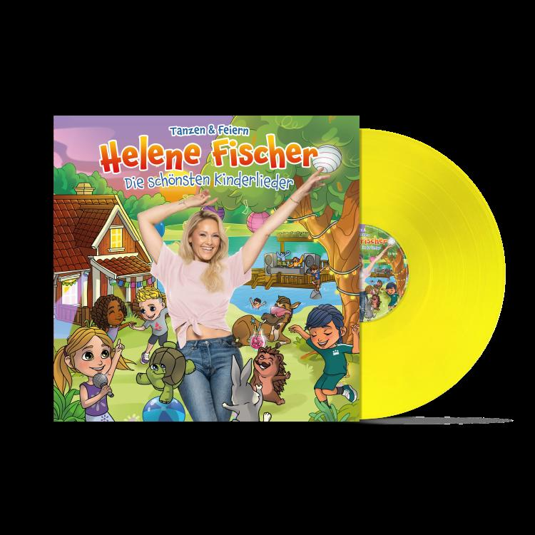 Albumcover mit Helene Fischer, einer gelben Schallplatte und Cartoon-Illustrationen von Kindern und Tieren in einer lebendigen, farbenfrohen Szene.