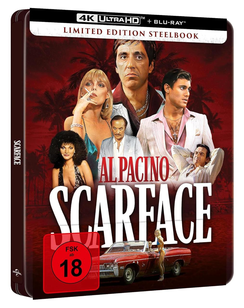 Scarface Blu-ray-Cover. Enthält Al Pacino, ein rotes Auto, Palmen und das Wort "Scarface".
