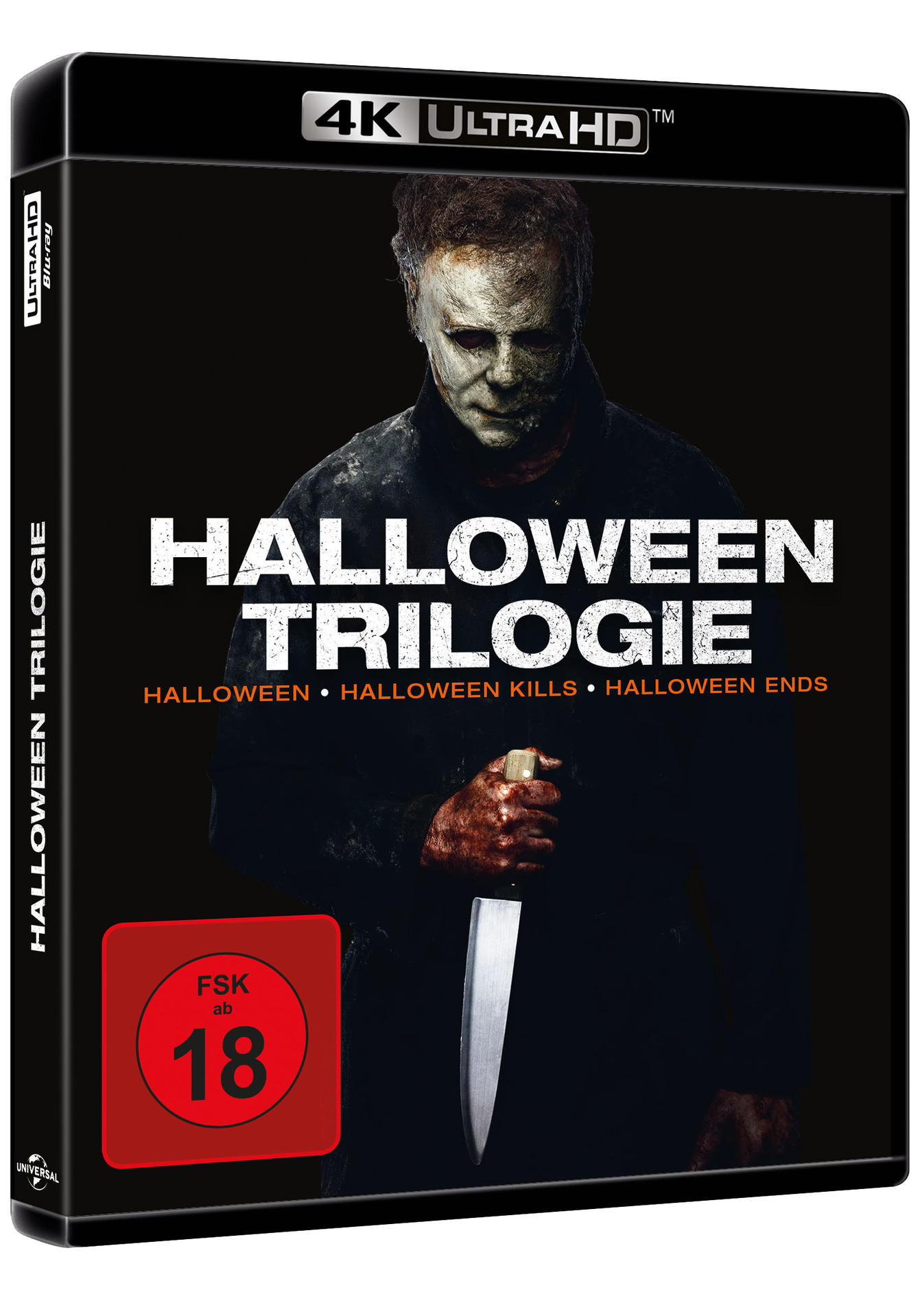 Das Cover einer Halloween-Filmbox. Michael Myers hält ein Messer. Der Titel "Halloween Trilogie" wird angezeigt. Eine rote Altersfreigabe 18 ist sichtbar.