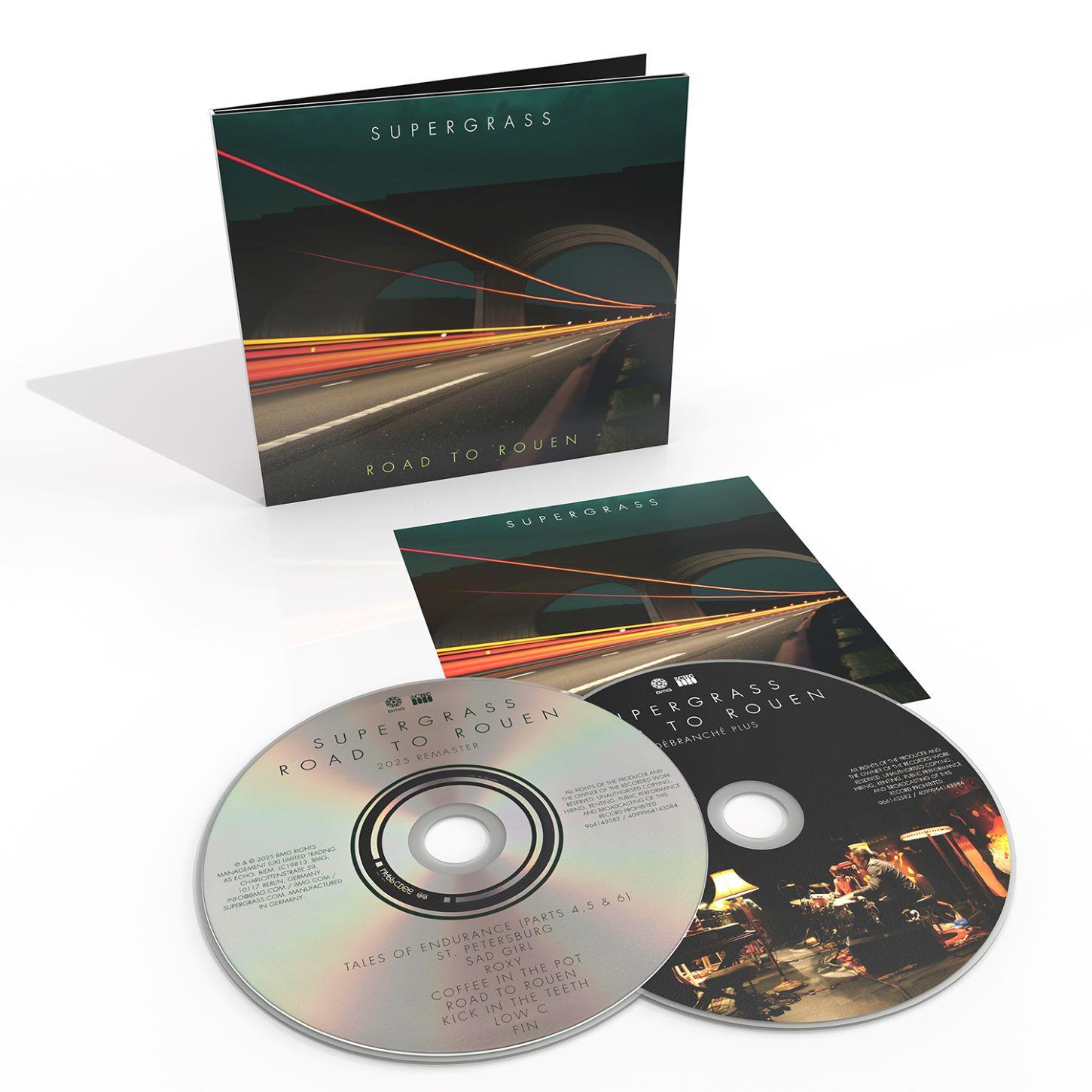 CD és albumborító a Supergrass 'Road to Rouen' című albumához. Az albumborító egy alagutat mutat fénysugarakkal. CD-k láthatók.