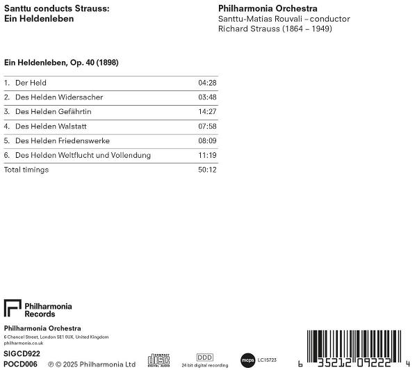 CD-Cover mit Titelliste von Strauss's Ein Heldenleben, dirigiert von Santtu-Matias Rouvali, mit dem Philharmonia Orchestra.