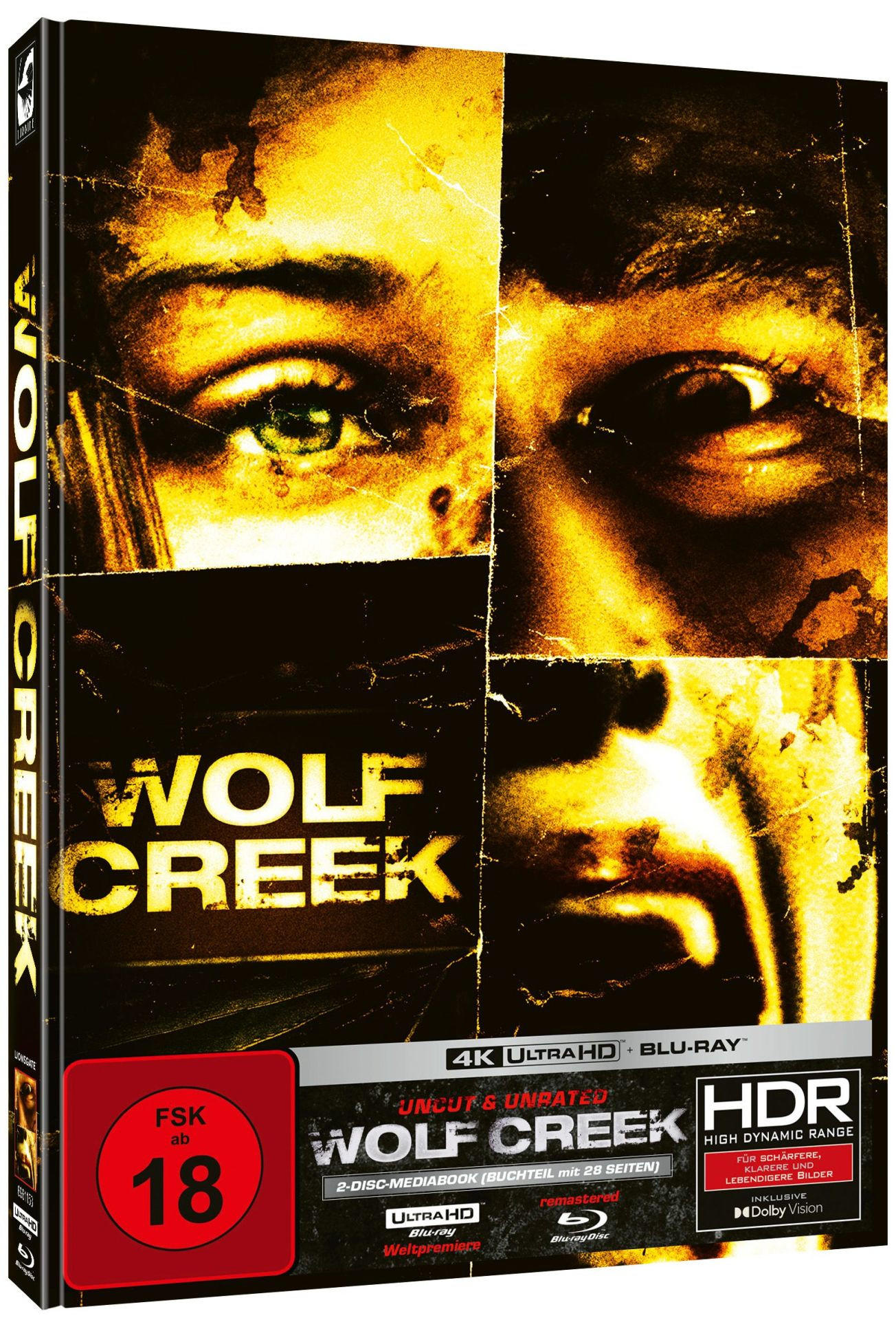 Filmposter für Wolf Creek. Nahaufnahmen von Gesichtern, Titel und Altersfreigabe. Farben sind Gelb und Schwarz.