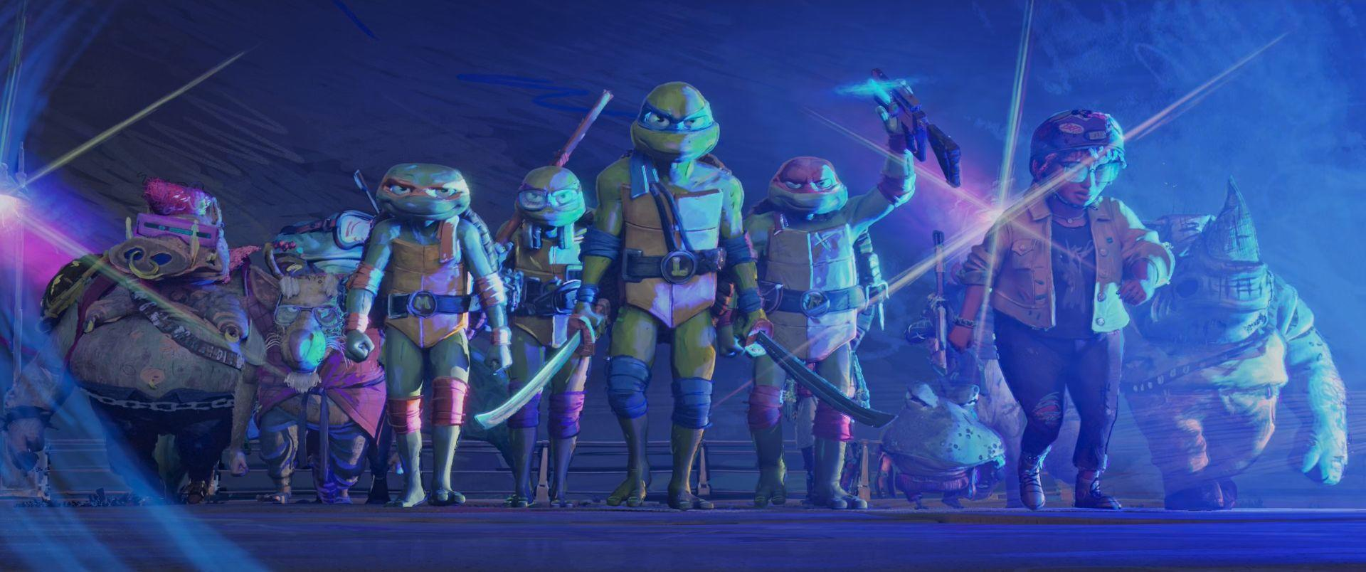 Eine Gruppe von Charakteren steht zusammen, darunter die Teenage Mutant Ninja Turtles, mit einem blau-violetten Hintergrund.