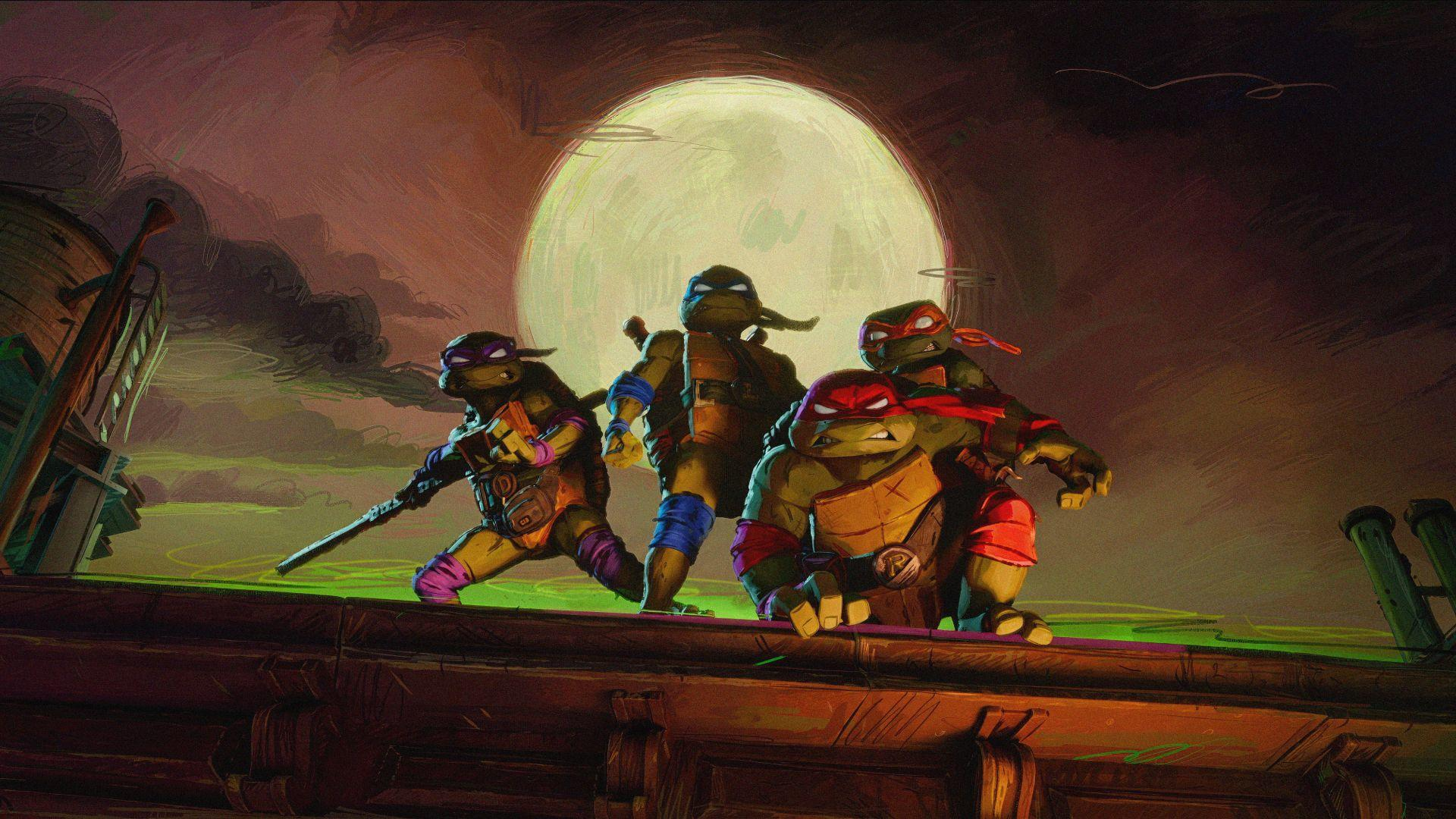 Vier Teenage Mutant Ninja Turtles auf einem Dach bei Nacht unter einem großen Mond. Jede Schildkröte hat eine andersfarbige Maske.