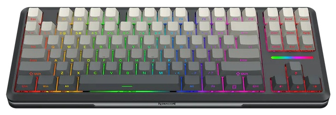 Czarna i szara klawiatura mechaniczna z białymi i szarymi nakładkami na klawisze, podświetlana kolorowymi światłami. Widoczne logo Redragon.