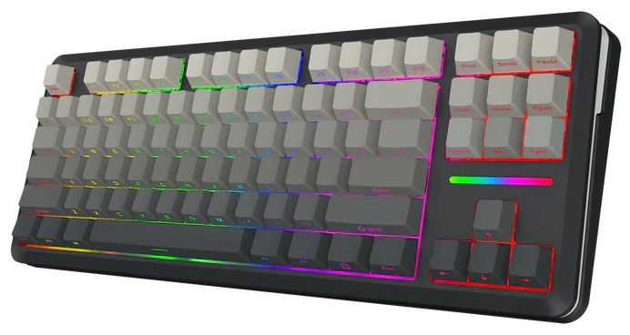 Klawiatura mechaniczna z szarymi i białymi klawiszami, podświetleniem RGB i czarną ramką. Klawisze w standardowym układzie.