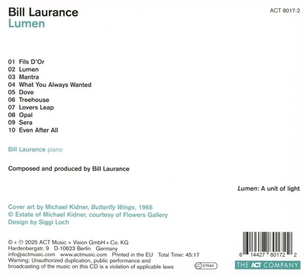 CD-Cover für Bill Laurance's 'Lumen'. Text enthält Titelliste, Credits und einen Barcode. Weißer Hintergrund.