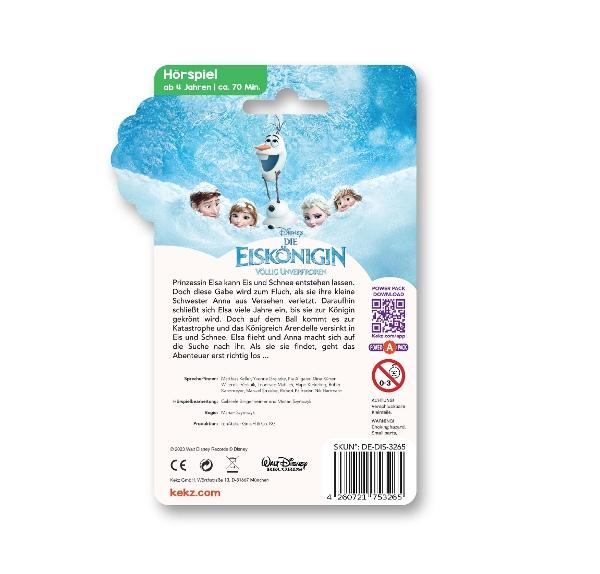 Rückseite der Frozen-Hörspielverpackung. Olaf, Elsa und Anna sind abgebildet. Text beschreibt die Geschichte und das Alter.