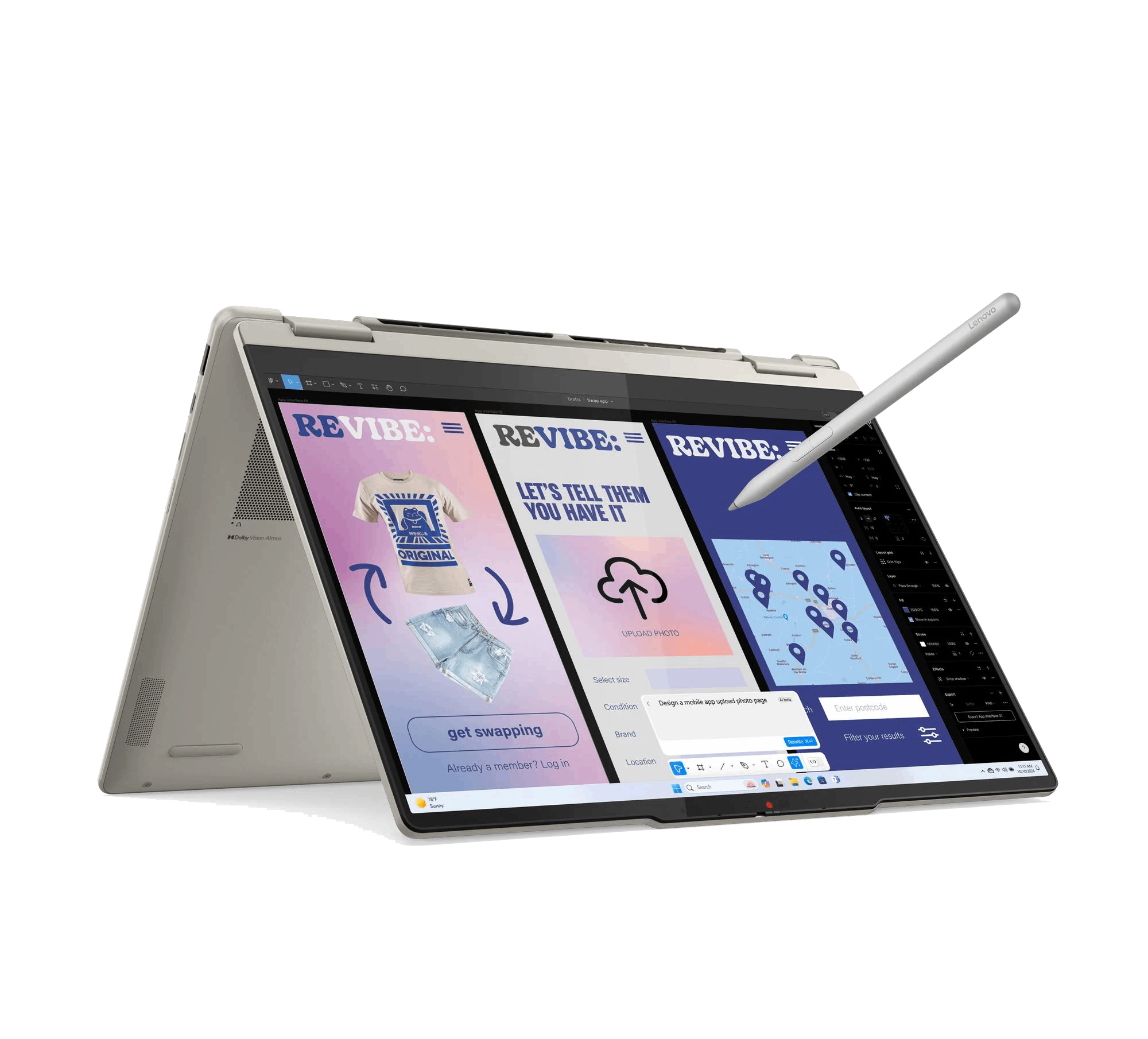 La laptop muestra una interfaz de aplicación móvil con imágenes de ropa y mapas. Un lápiz óptico flota encima. La pantalla está abierta.