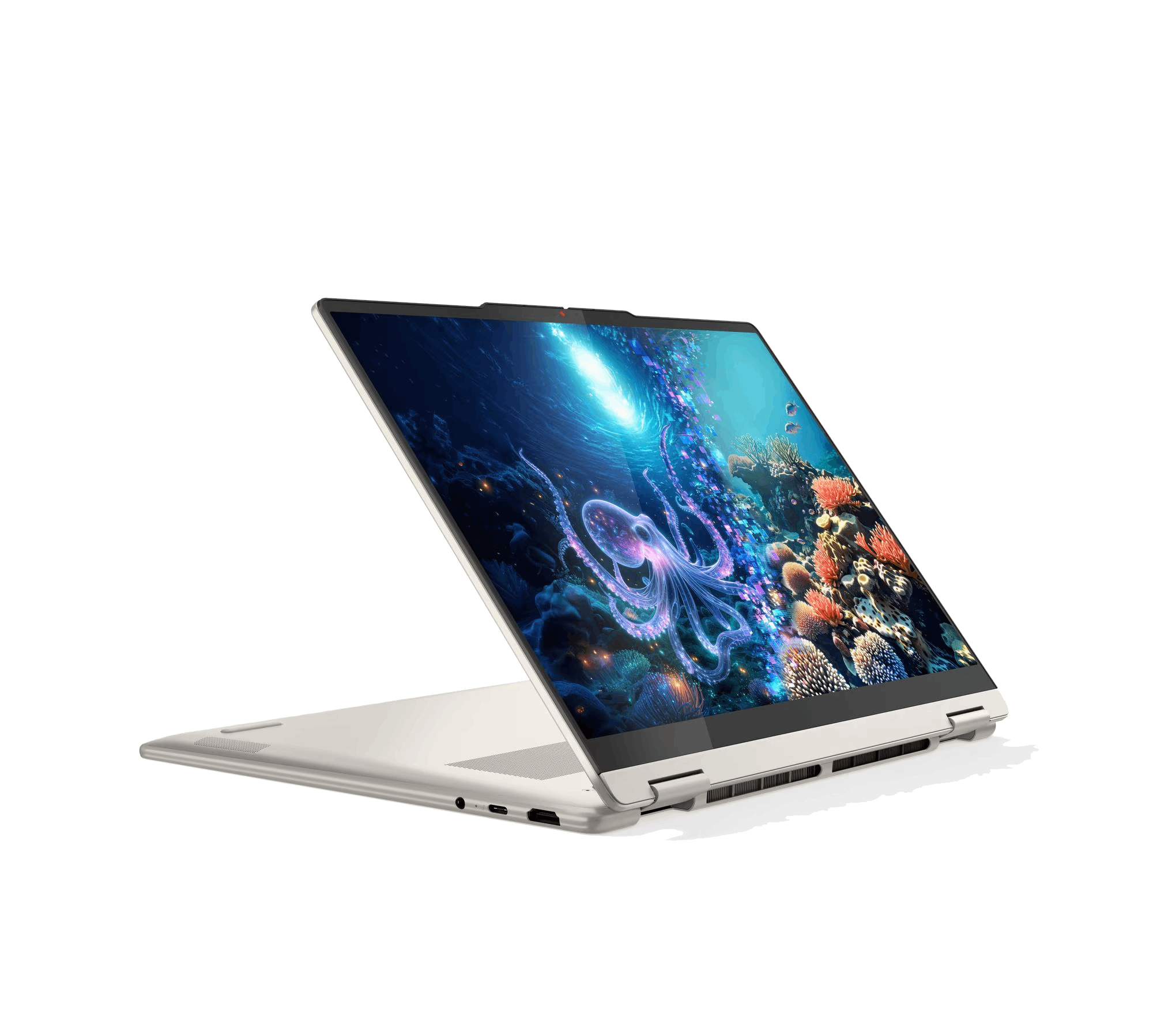 Una laptop abierta muestra una escena submarina con un pulpo. Está sobre un fondo negro.