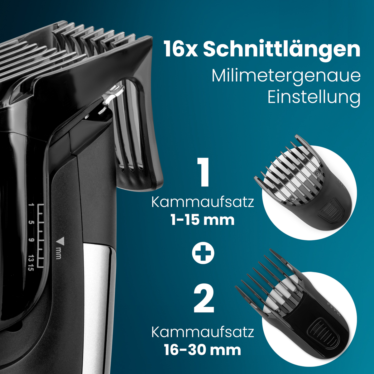 Ein schwarzer Haarschneider mit 16 Längeneinstellungen. Es werden zwei Kammaufsätze mit Bereichen von 1-15 mm bzw. 16-30 mm gezeigt.