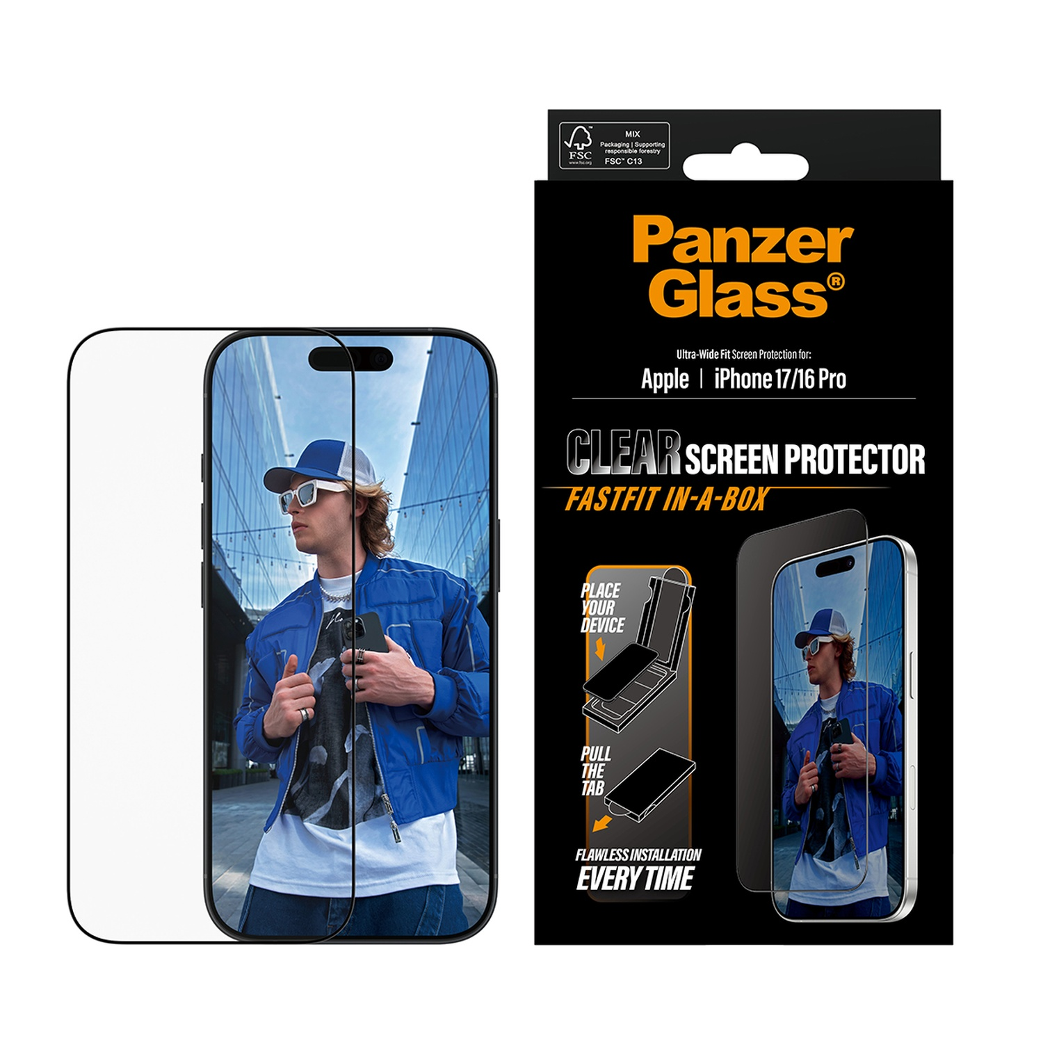 Panzer Glass screenprotector doos. Toont een man in een blauwe jas die een telefoon vasthoudt met de screenprotector erop.