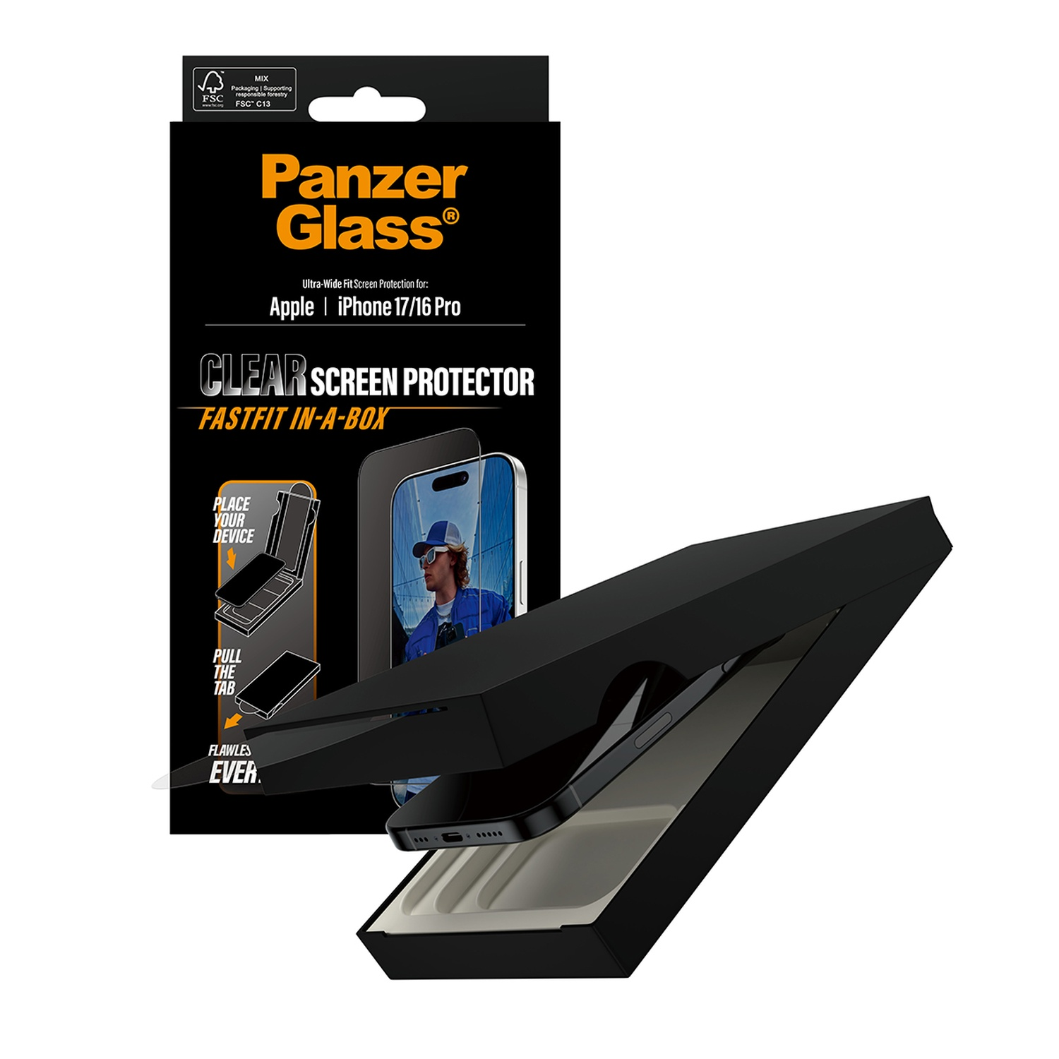 Een zwarte Panzer Glass doos, open om een telefoon binnenin te laten zien. De doos toont ook instructies en het logo van het merk.