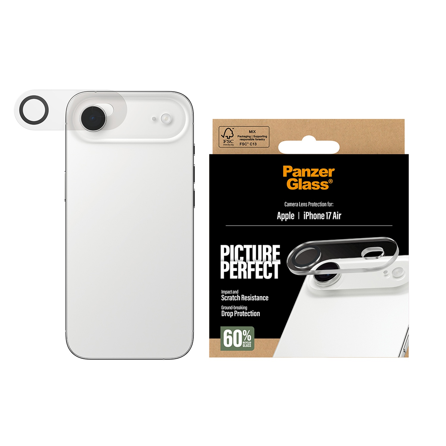 Witte iPhone met cameralensbeschermer en verpakking. De verpakking vermeldt 'Panzer Glass' en 'Picture Perfect' met krasbestendigheid.