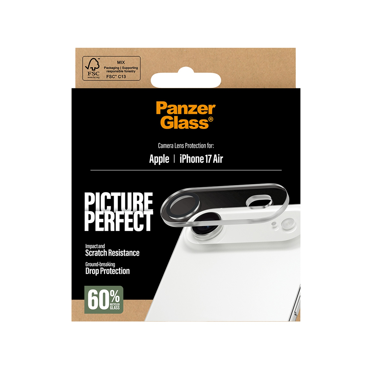 Verpakking van een beschermer voor de cameralens van een telefoon. Tekst luidt 'Panzer Glass', 'Picture Perfect' en beschrijft beschermingsfuncties.
