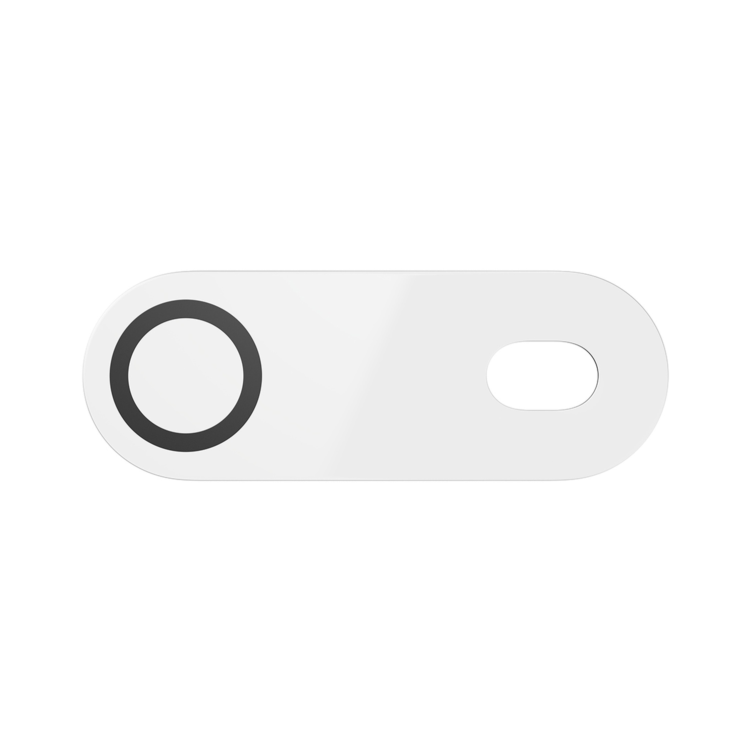 Een witte, langwerpige webcamcover met een zwarte cirkel aan één kant en een ovale uitsparing aan de andere kant, tegen een witte achtergrond.