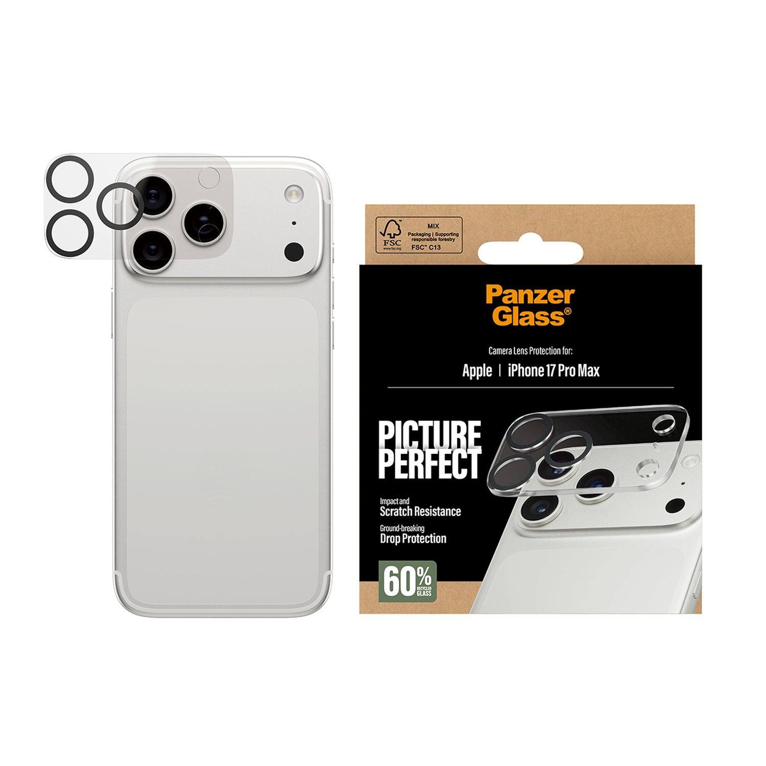 iPhone 17 Pro Max with Panzer Glass. A box and a phone case are visible. The case protects the camera lenses.