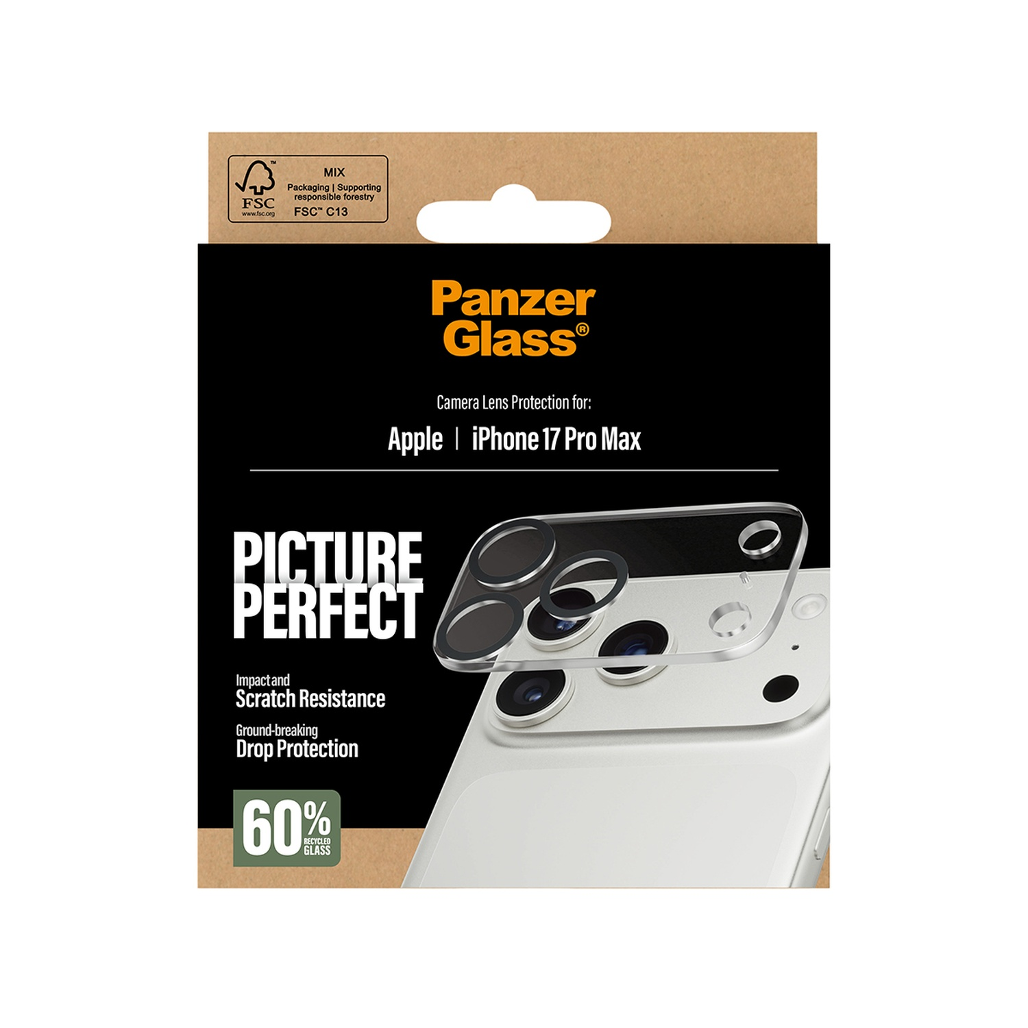 A phone camera lens protector is displayed on a black background, with the phone's camera visible. Text includes 'Panzer Glass' and 'Picture Perfect'.
