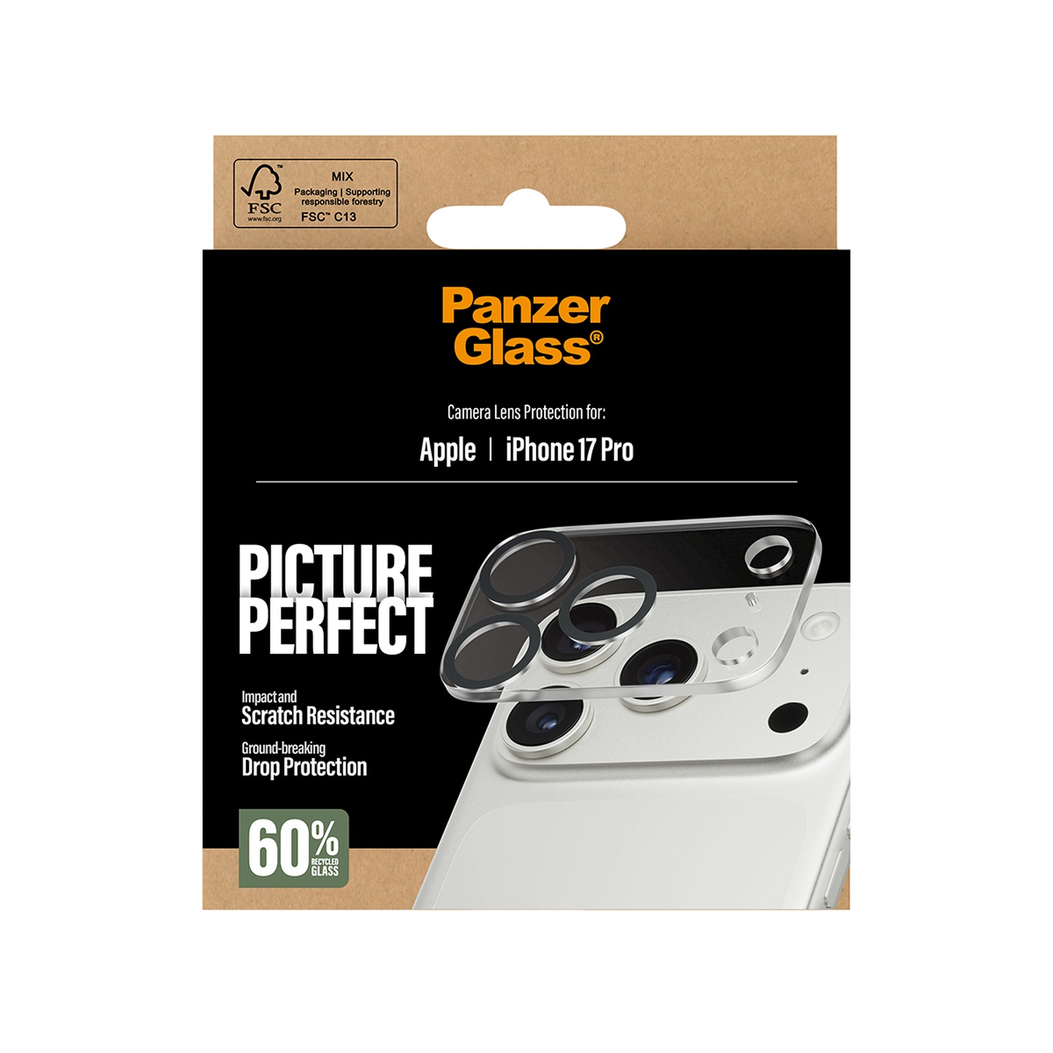 A product package for iPhone 17 Pro camera lens protection. It shows the product and the phone's camera area with the Panzer Glass logo.