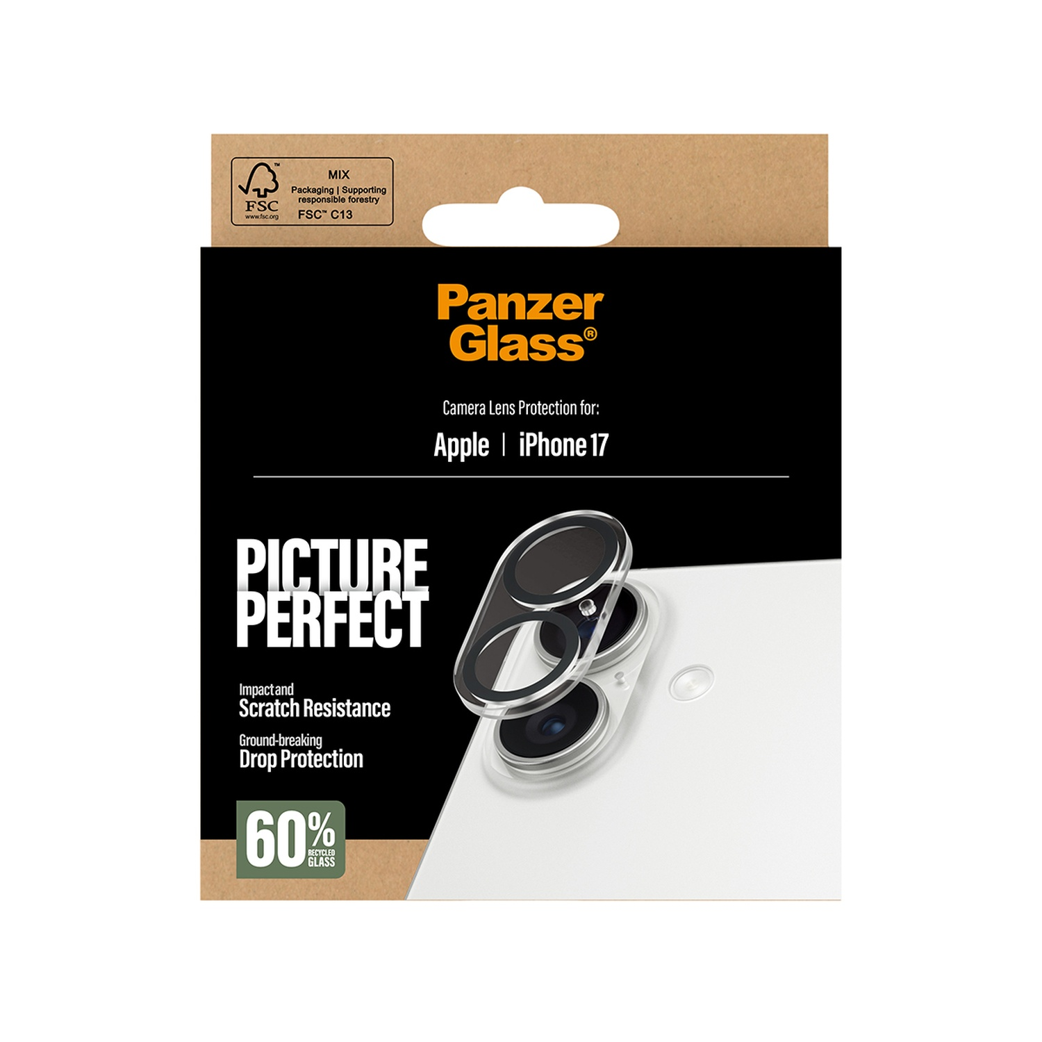 A phone camera lens protector package. It shows the product and highlights features like scratch resistance and drop protection.
