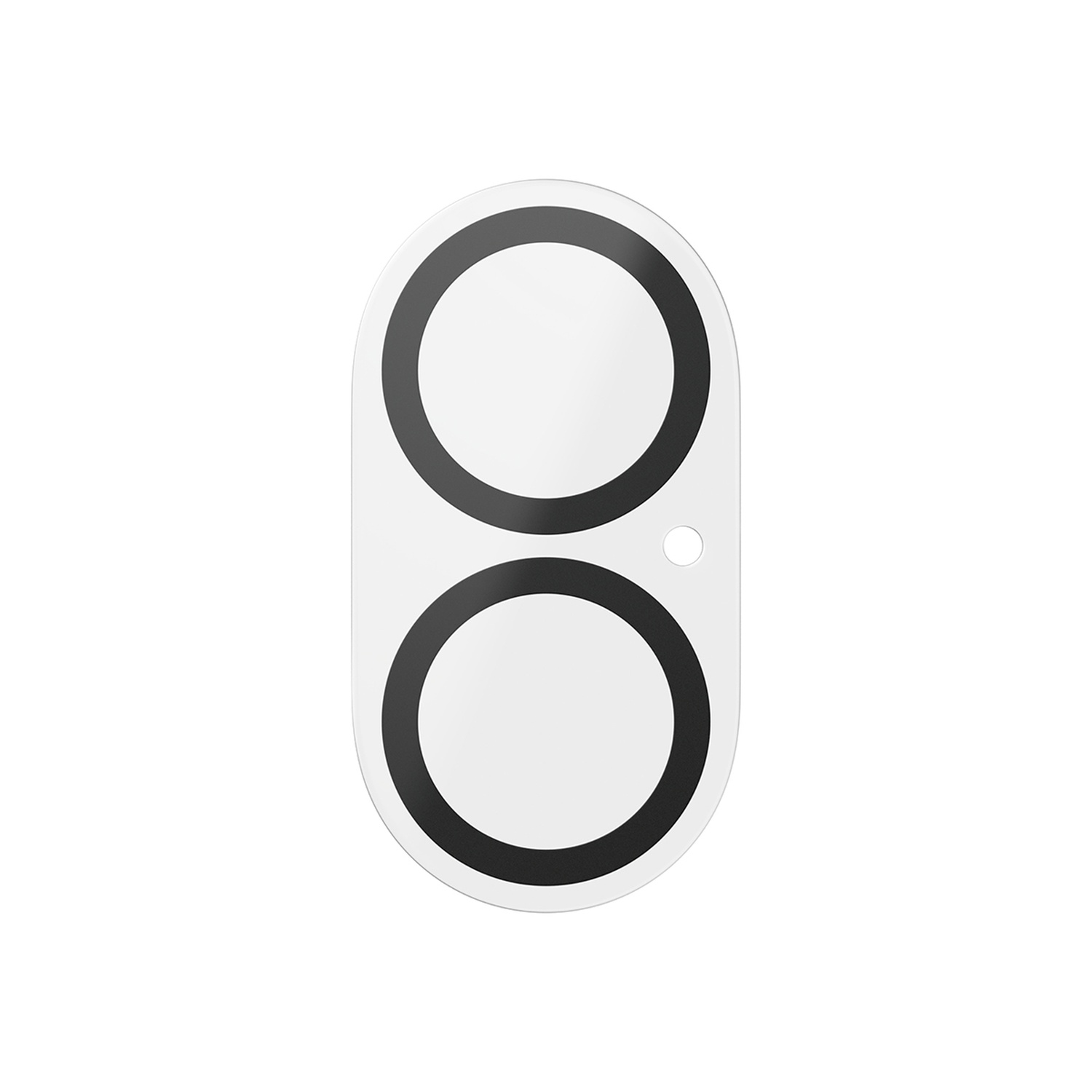 A white, rectangular phone camera lens protector. It has two large black-ringed circles and a small circle on the right side.