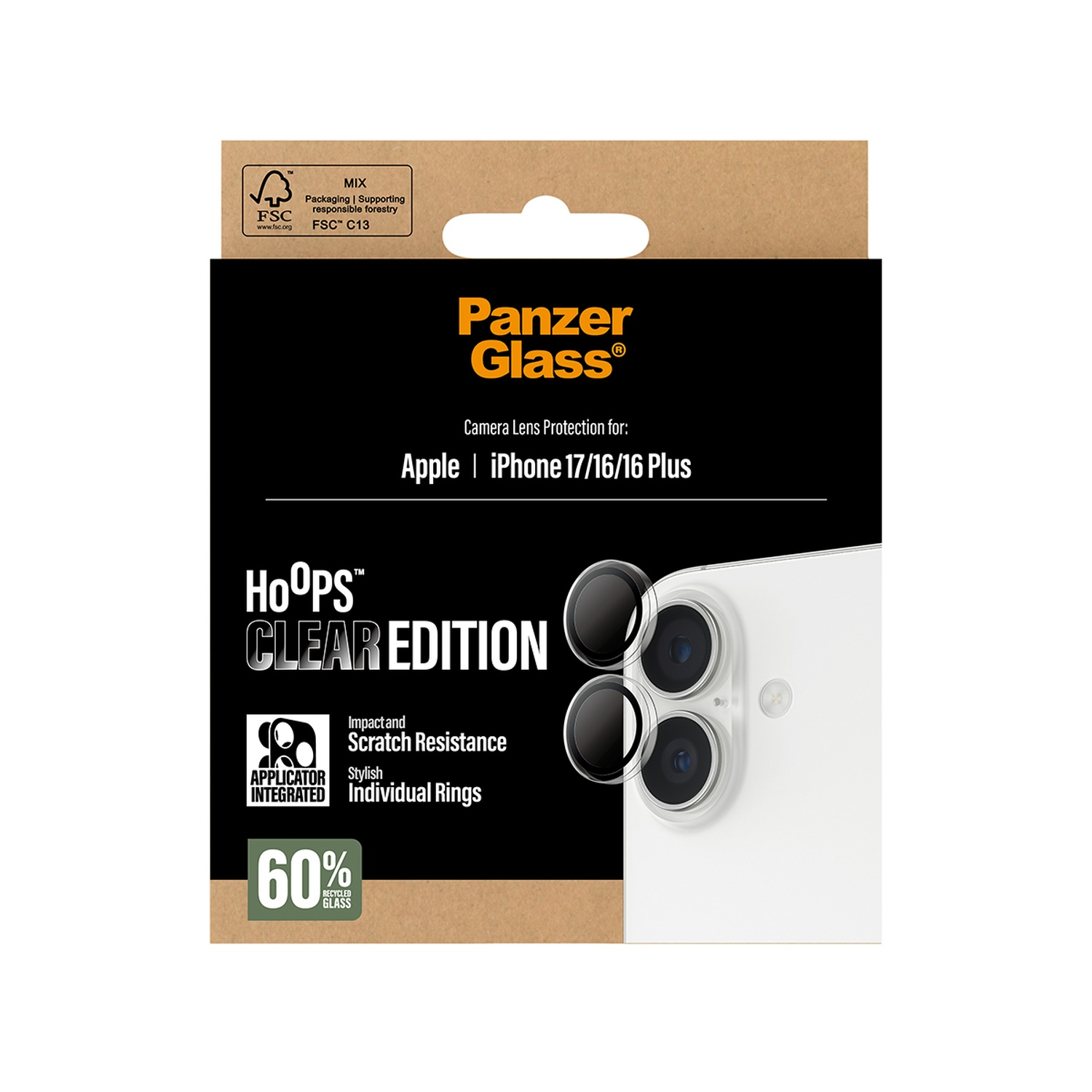Product packaging for Panzer Glass, clear lens protector for iPhone. Features include impact and scratch resistance. Contains 60% recycled glass.