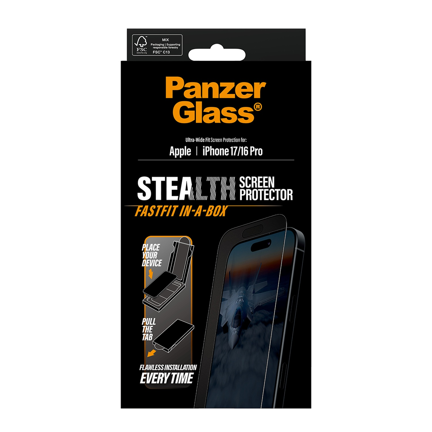 Black box of PanzerGlass screen protector for iPhone 17/16 Pro. Instructions show device placement and tab pulling for flawless install.