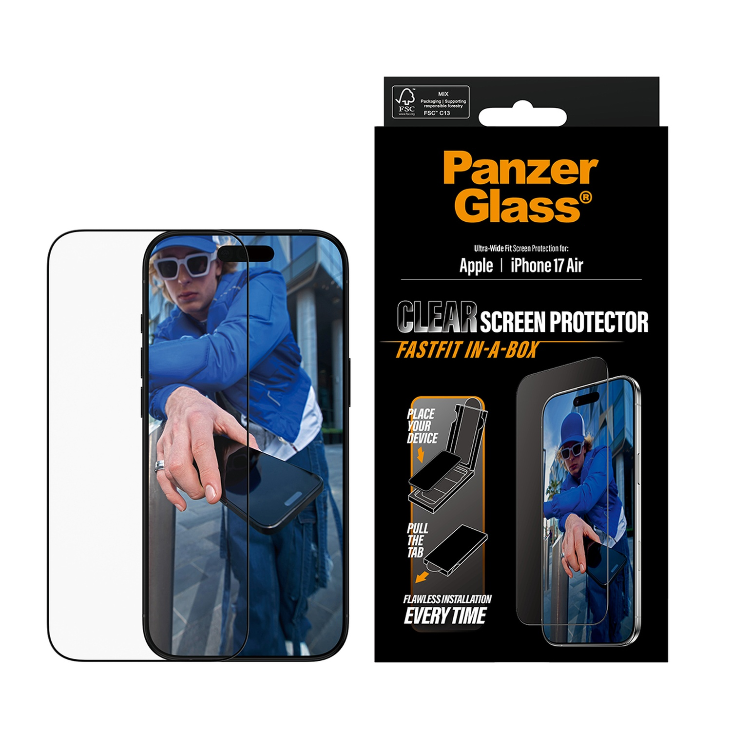 Panzer Glass screen protector box with an image of a phone screen protector and a person holding a phone.