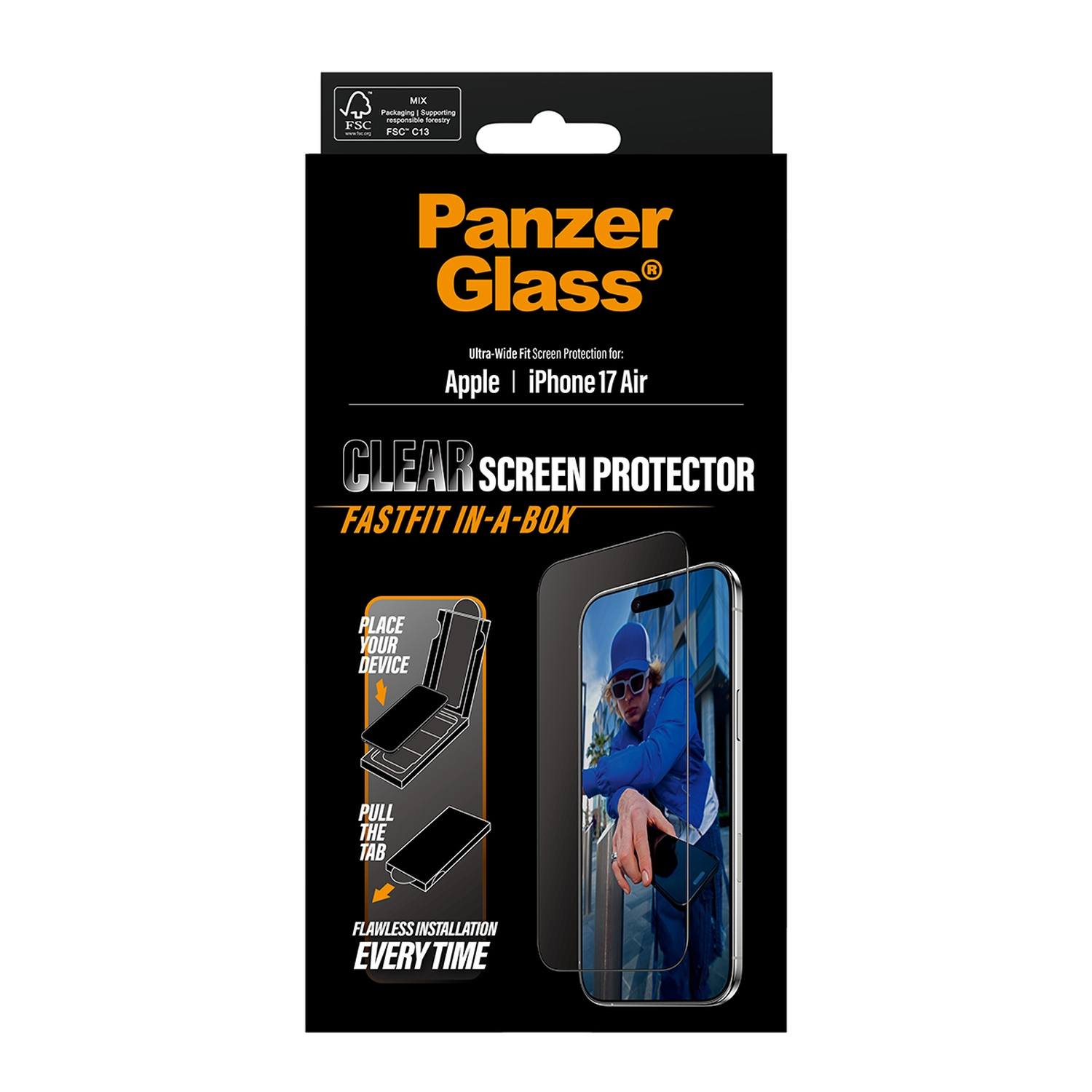 Black box with PanzerGlass logo, iPhone screen protector. Instructions show placing device and pulling tab. Clear screen protector is in the box.