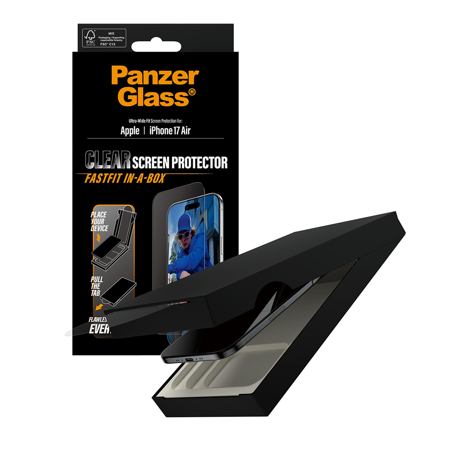 Black box with Panzer Glass logo, iPhone screen protector. Contains an opened box with a phone inside. Text: Clear Screen Protector.