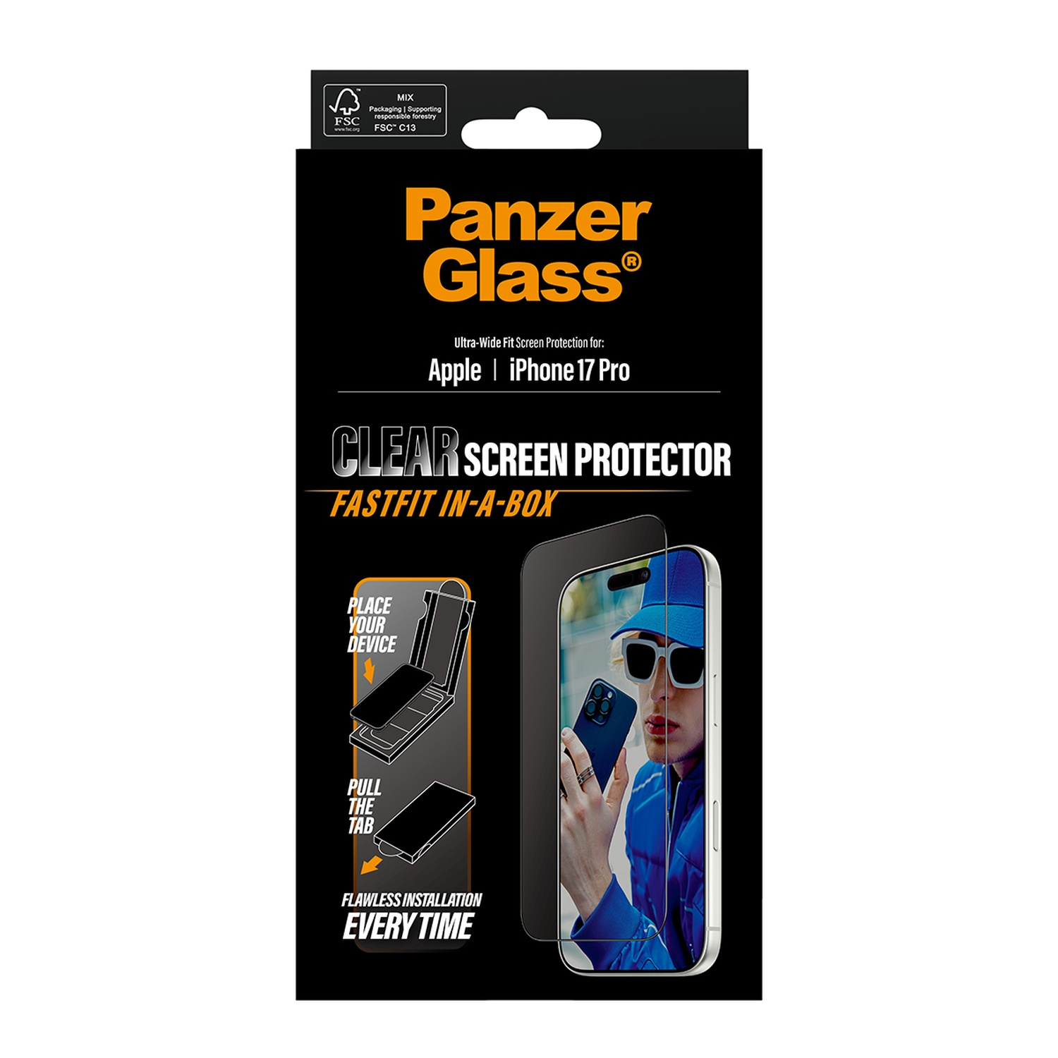 Zwarte Panzer Glass doos met iPhone afbeelding. Tekst zegt 'Clear Screen Protector' en 'Apple iPhone 17 Pro'. Toont een persoon in de telefoon.