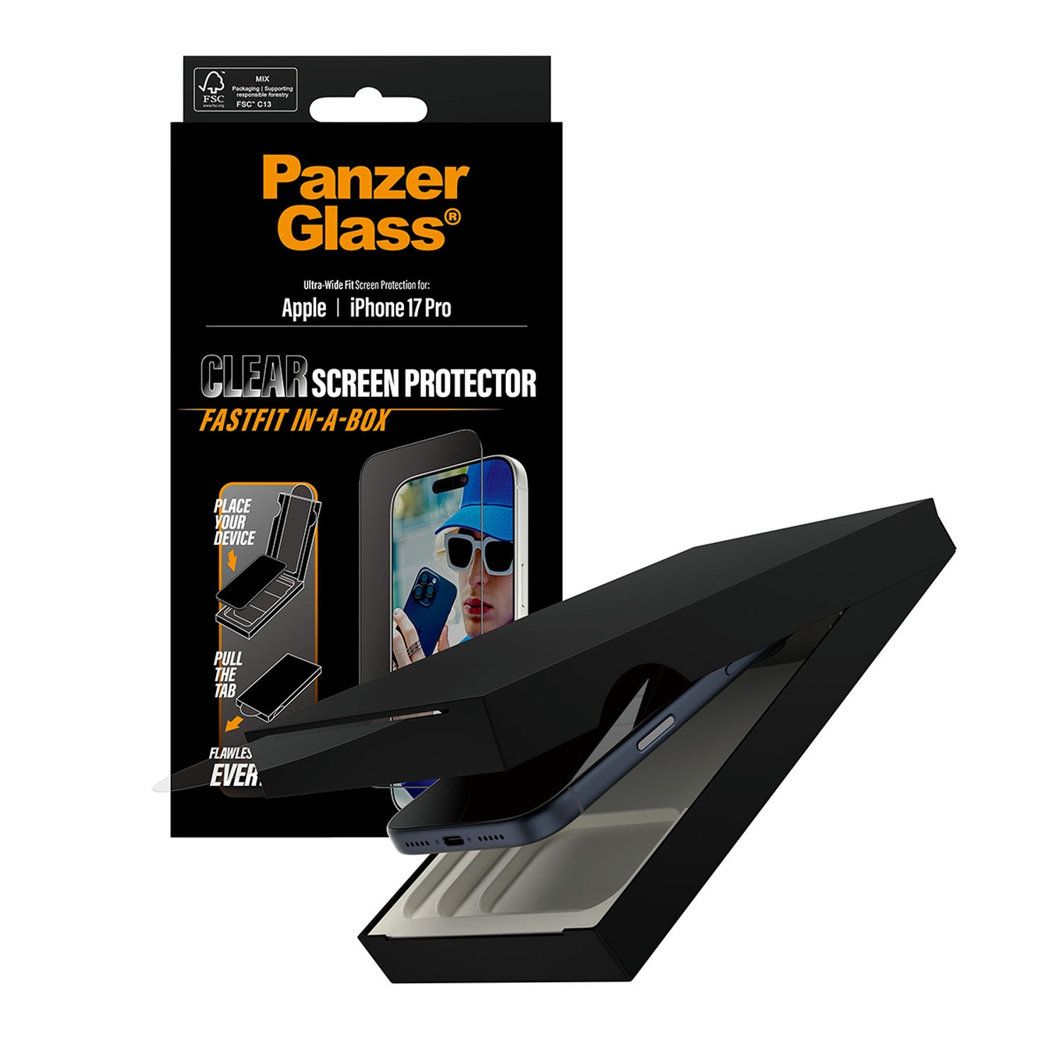 Een zwarte Panzer Glass doos met een iPhone 17 Pro schermbeschermer. De doos is open en toont de telefoon en instructies.