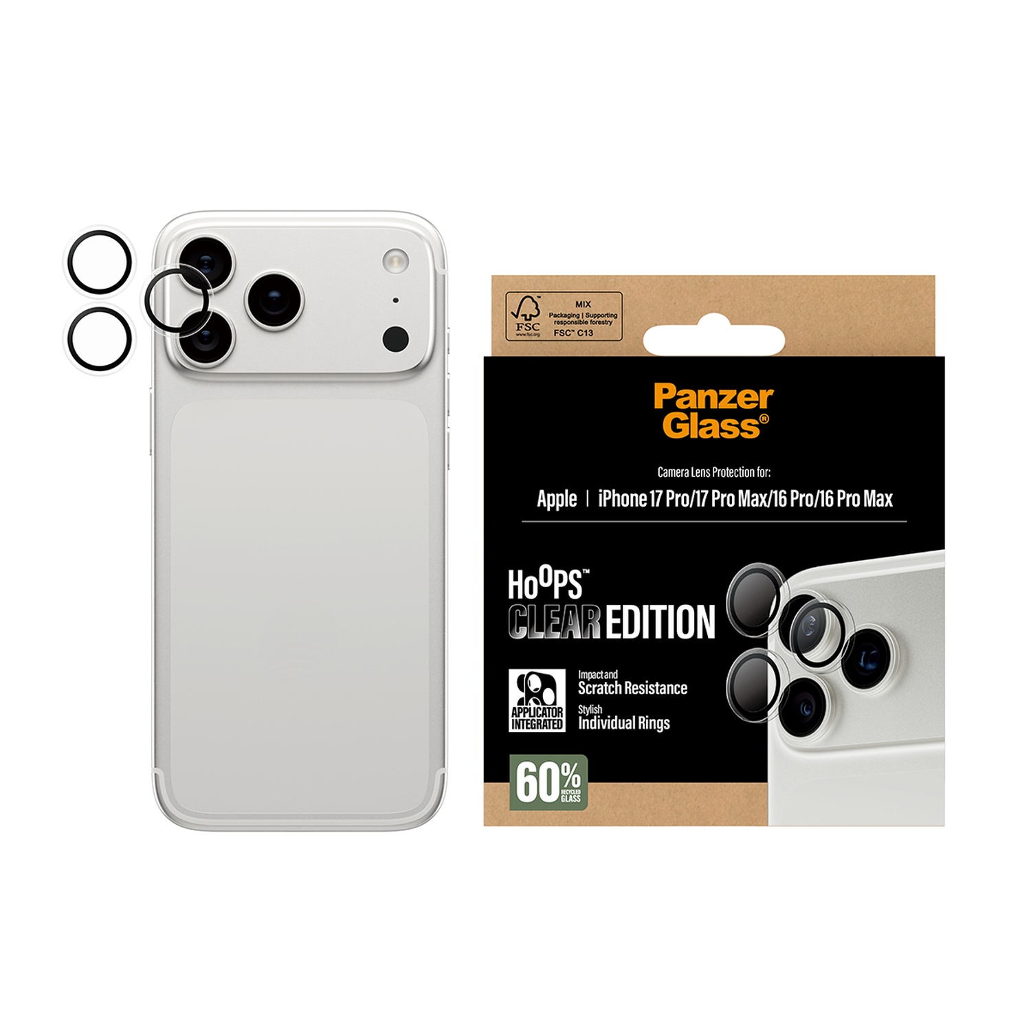 A white iPhone with camera lens protectors and a PanzerGlass box. The box has text and logos for camera lens protection.