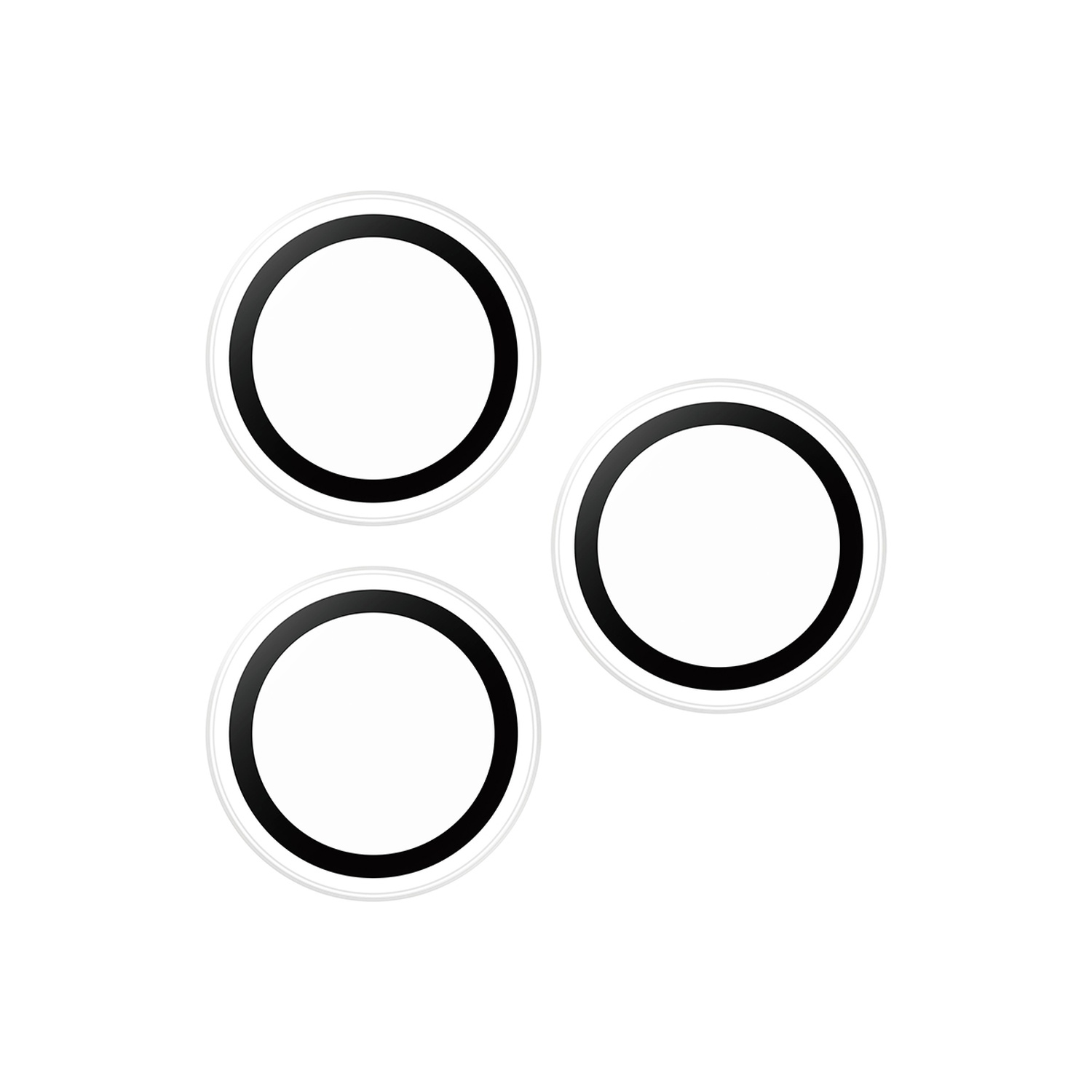 Three circular objects with a white center, a black ring, and a silver outer ring are on a white background.
