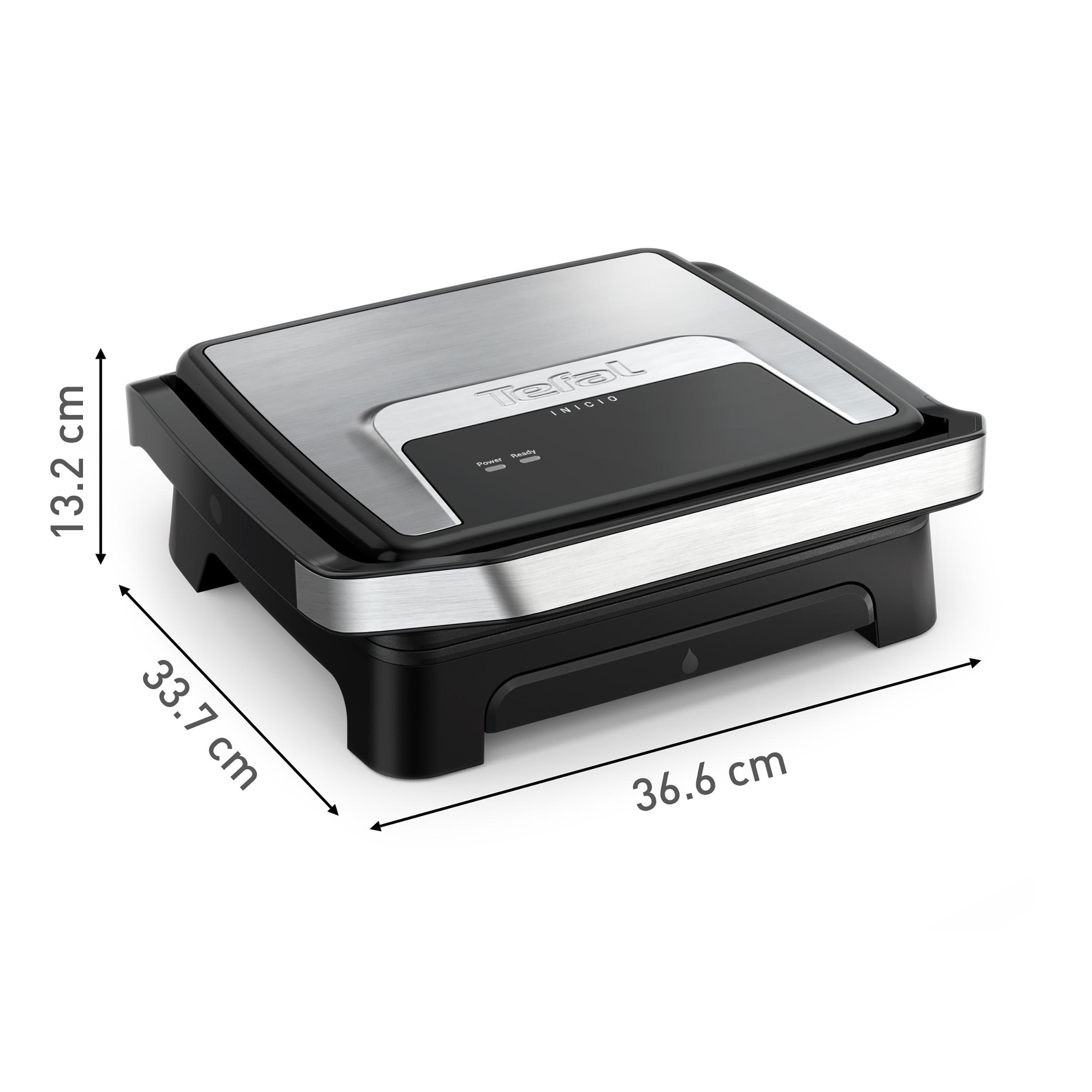 Ein Tefal Inicio Grill mit schwarzem Sockel und silberner Oberseite. Abmessungen werden angezeigt. Power- und Ready-Leuchten sind sichtbar.