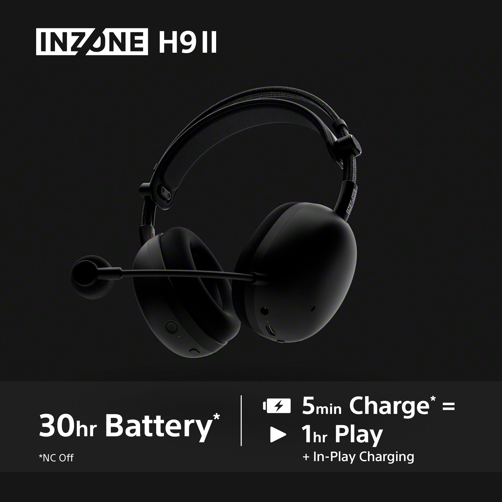 Schwarzer INZONE H911-Kopfhörer auf schwarzem Hintergrund. Funktionen: 30 Stunden Akku und 5 Minuten Aufladen für 1 Stunde Spielzeit.